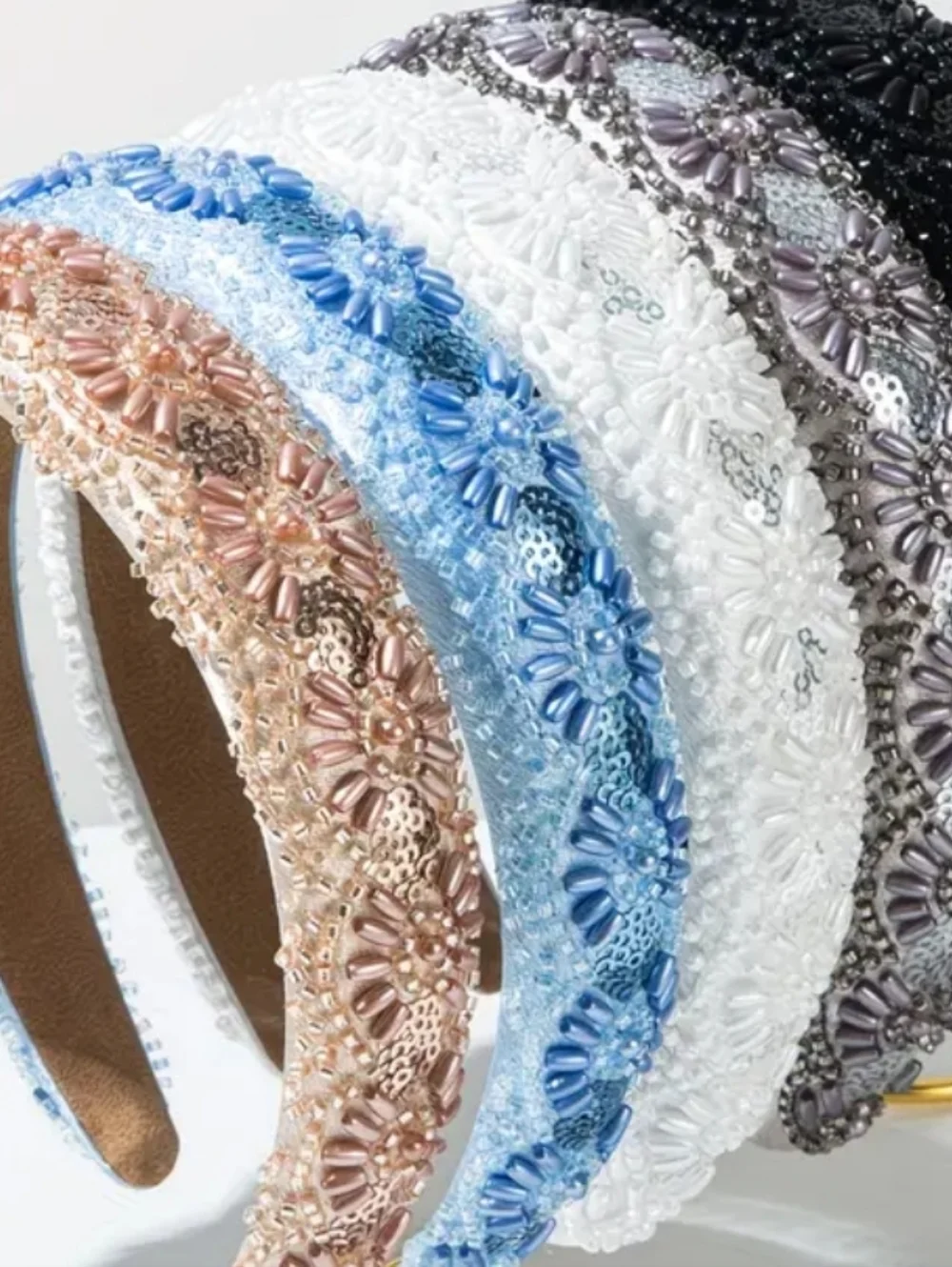 White Headband Hand Sewn Rice Beads Sequins